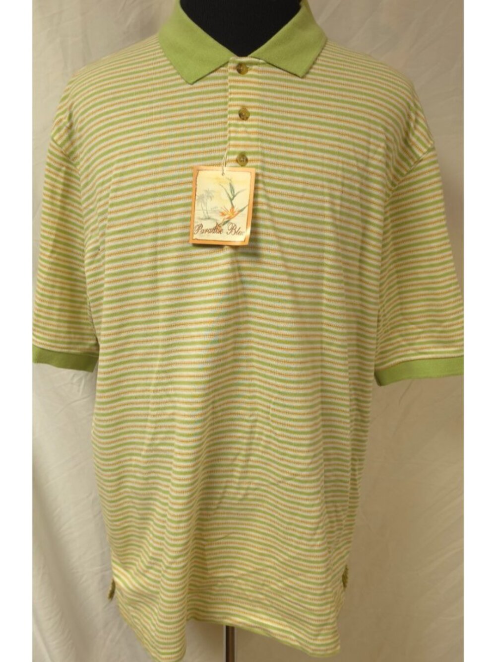 Vintage Paradise Blue Mens XL Green Striped Golf Short Sleeve Polo Shirt NWT's